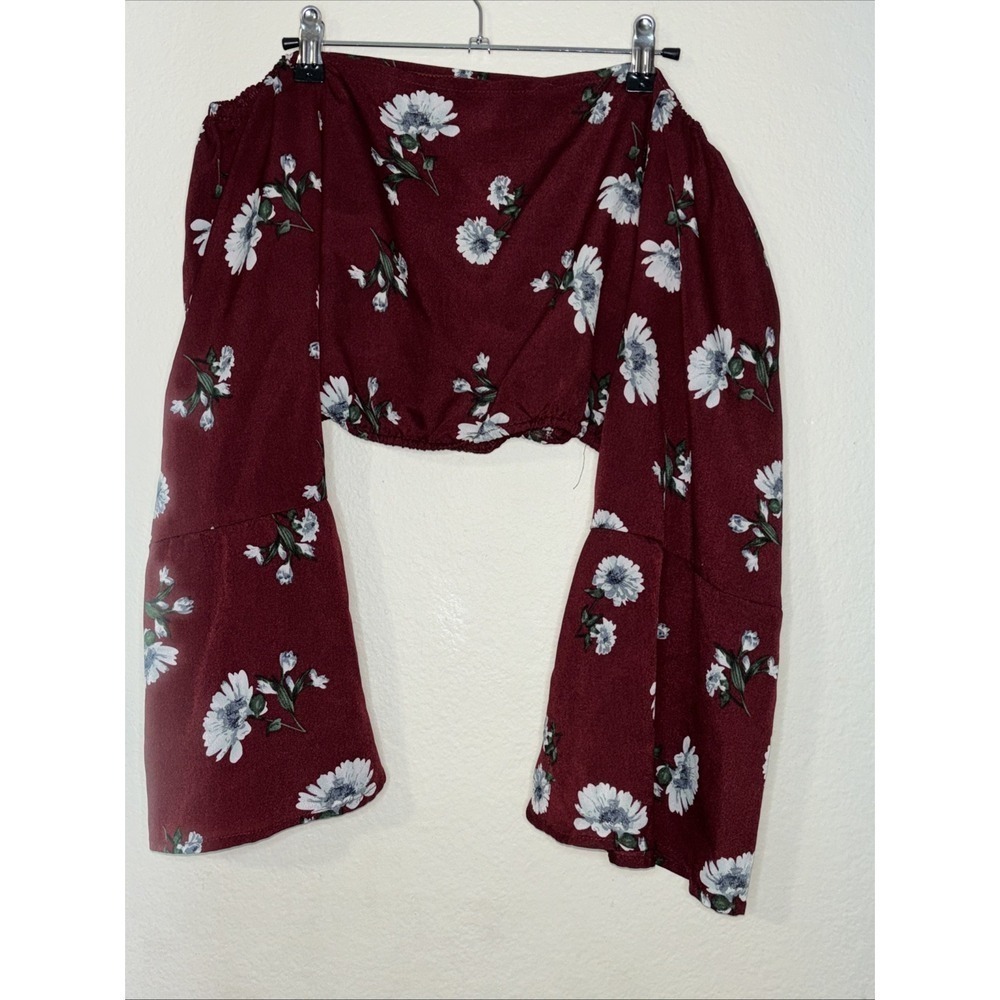 Shein Ditsy Burgundy Floral Crop Top Size Large Puff Sleeves Sz 6